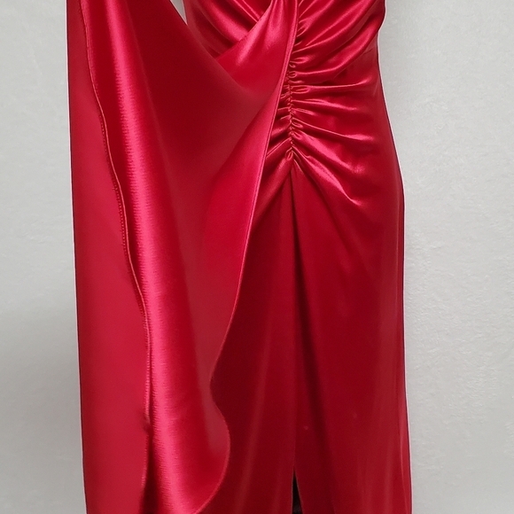 Vintage 90s ABS Evening Red Charmeuse Satin Halter Plunging Neckline Maxi Dress - Picture 7 of 15